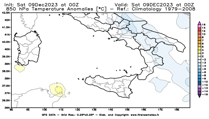 GFS analysi map - Temperature Anomalies at 850 hPa in Southern Italy
									on December 9, 2023 H00