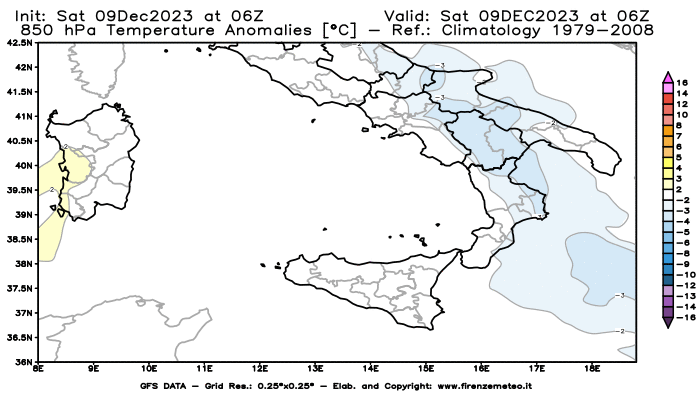 GFS analysi map - Temperature Anomalies at 850 hPa in Southern Italy
									on December 9, 2023 H06
