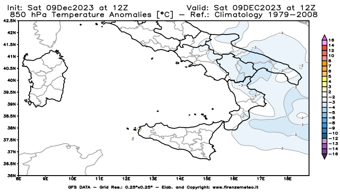 GFS analysi map - Temperature Anomalies at 850 hPa in Southern Italy
									on December 9, 2023 H12