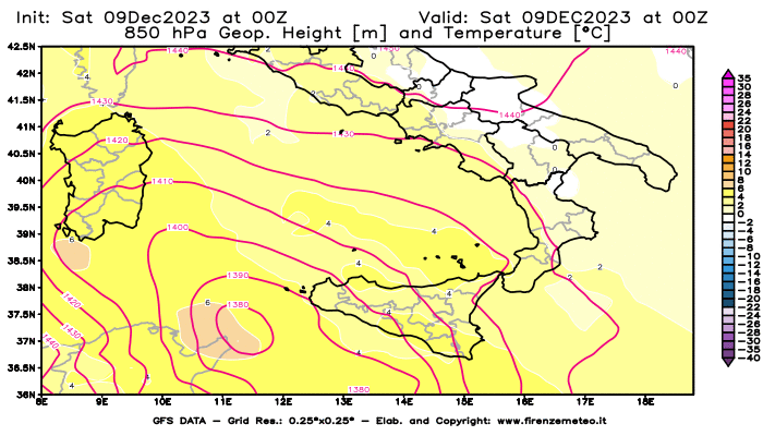 GFS analysi map - Geopotential and Temperature at 850 hPa in Southern Italy
									on December 9, 2023 H00