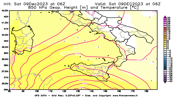 GFS analysi map - Geopotential and Temperature at 850 hPa in Southern Italy
									on December 9, 2023 H06