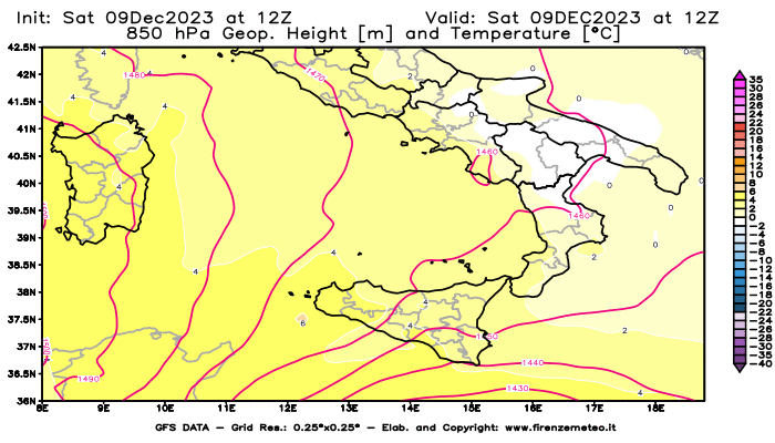 GFS analysi map - Geopotential and Temperature at 850 hPa in Southern Italy
									on December 9, 2023 H12