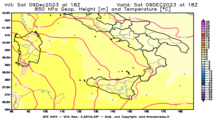 GFS analysi map - Geopotential and Temperature at 850 hPa in Southern Italy
									on December 9, 2023 H18
