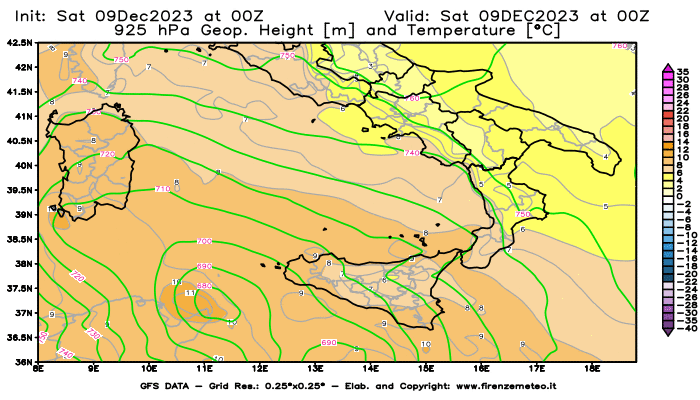 GFS analysi map - Geopotential and Temperature at 925 hPa in Southern Italy
									on December 9, 2023 H00