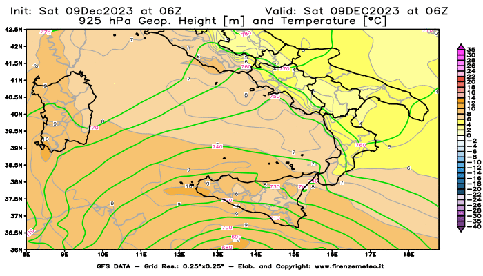 GFS analysi map - Geopotential and Temperature at 925 hPa in Southern Italy
									on December 9, 2023 H06