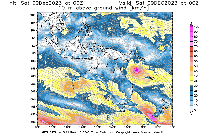 GFS analysi map - Wind Speed at 10 m above ground in Oceania
									on December 9, 2023 H00