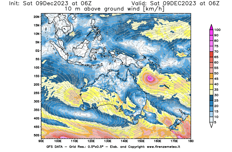 GFS analysi map - Wind Speed at 10 m above ground in Oceania
									on December 9, 2023 H06