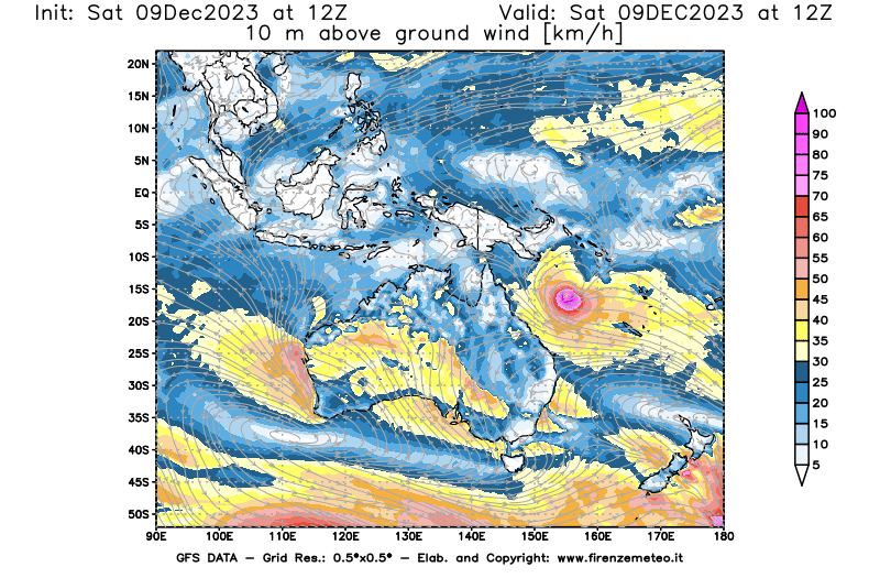 GFS analysi map - Wind Speed at 10 m above ground in Oceania
									on December 9, 2023 H12