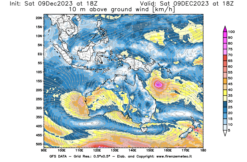 GFS analysi map - Wind Speed at 10 m above ground in Oceania
									on December 9, 2023 H18