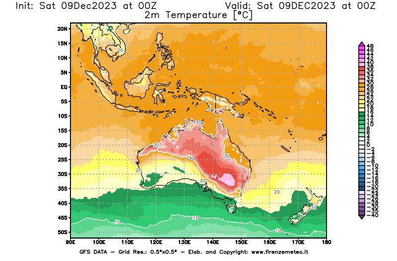 GFS analysi map - Temperature at 2 m above ground in Oceania
									on December 9, 2023 H00