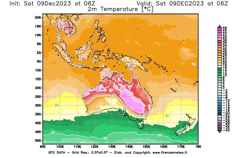 GFS analysi map - Temperature at 2 m above ground in Oceania
									on December 9, 2023 H06