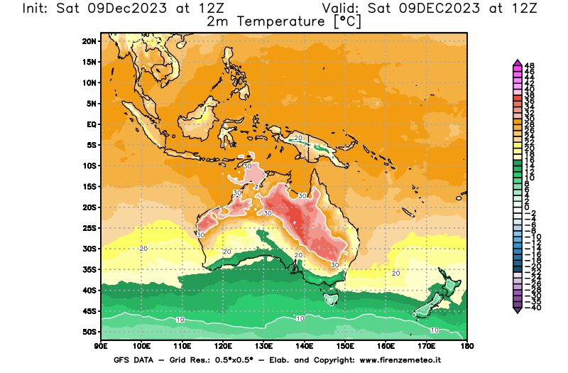 GFS analysi map - Temperature at 2 m above ground in Oceania
									on December 9, 2023 H12