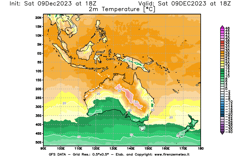 GFS analysi map - Temperature at 2 m above ground in Oceania
									on December 9, 2023 H18