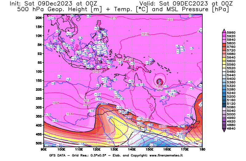 GFS analysi map - Geopotential + Temp. at 500 hPa + Sea Level Pressure in Oceania
									on December 9, 2023 H00