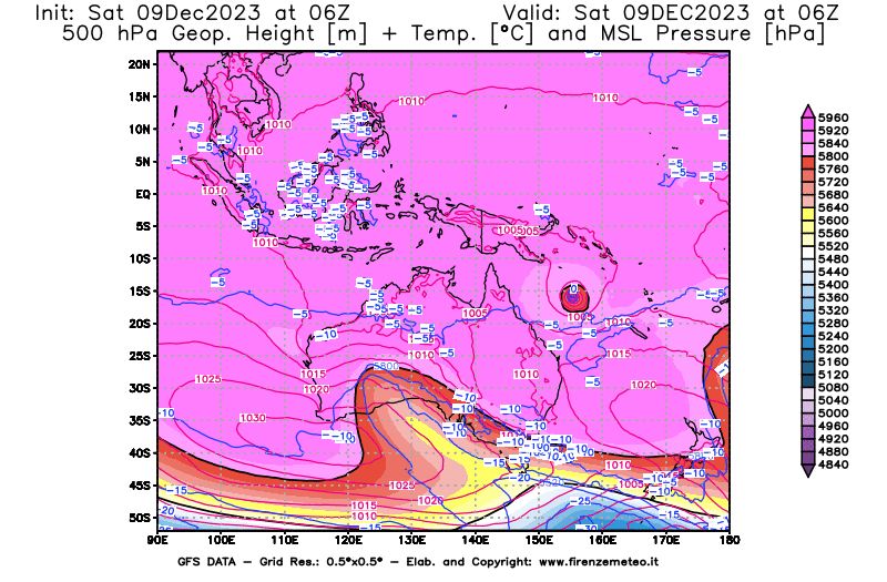GFS analysi map - Geopotential + Temp. at 500 hPa + Sea Level Pressure in Oceania
									on December 9, 2023 H06
