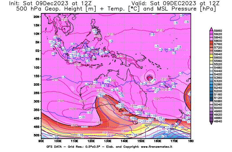 GFS analysi map - Geopotential + Temp. at 500 hPa + Sea Level Pressure in Oceania
									on December 9, 2023 H12