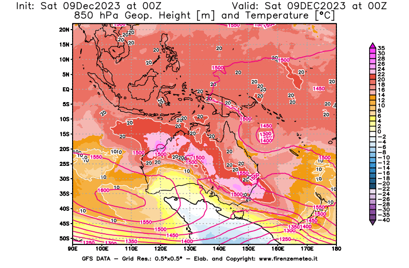 GFS analysi map - Geopotential and Temperature at 850 hPa in Oceania
									on December 9, 2023 H00