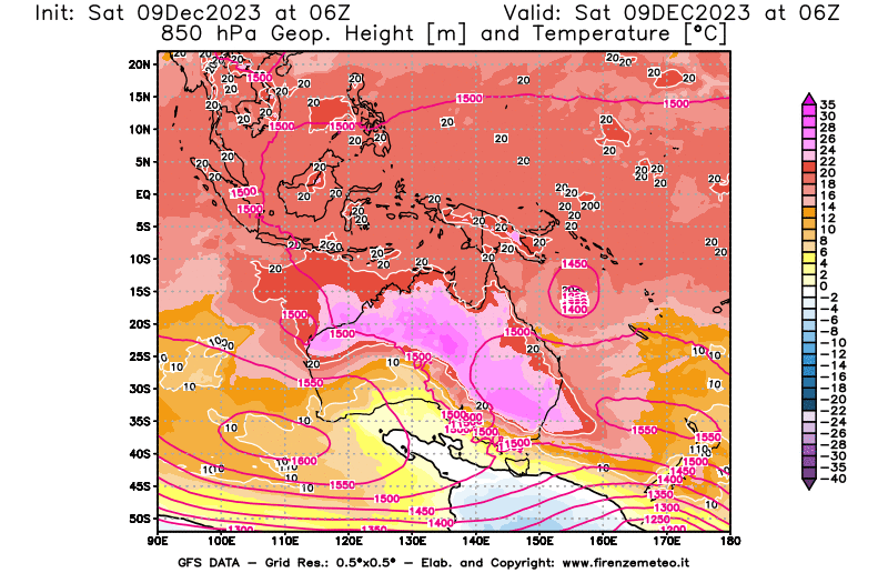GFS analysi map - Geopotential and Temperature at 850 hPa in Oceania
									on December 9, 2023 H06