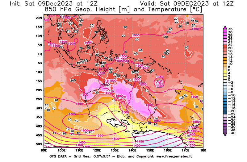 GFS analysi map - Geopotential and Temperature at 850 hPa in Oceania
									on December 9, 2023 H12