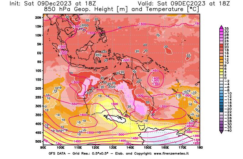 GFS analysi map - Geopotential and Temperature at 850 hPa in Oceania
									on December 9, 2023 H18