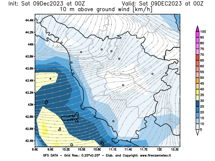 GFS analysi map - Wind Speed at 10 m above ground in Tuscany
									on December 9, 2023 H00