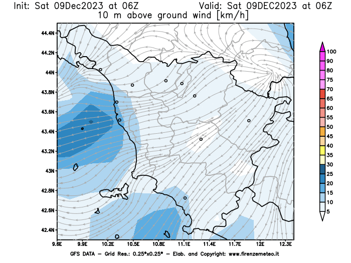 GFS analysi map - Wind Speed at 10 m above ground in Tuscany
									on December 9, 2023 H06
