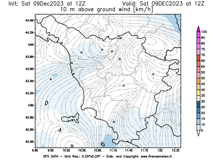 GFS analysi map - Wind Speed at 10 m above ground in Tuscany
									on December 9, 2023 H12