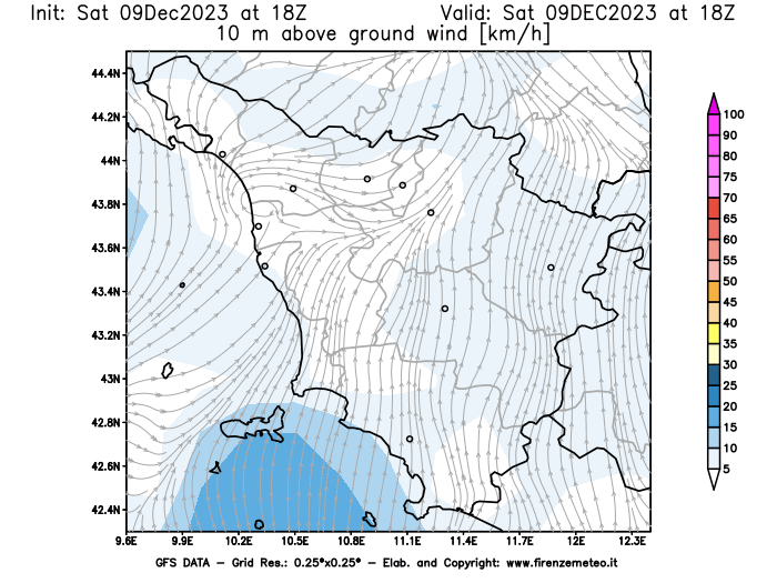 GFS analysi map - Wind Speed at 10 m above ground in Tuscany
									on December 9, 2023 H18