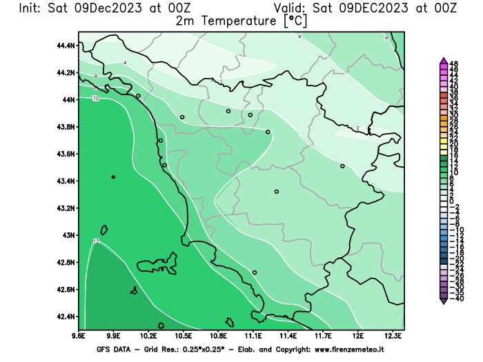 GFS analysi map - Temperature at 2 m above ground in Tuscany
									on December 9, 2023 H00