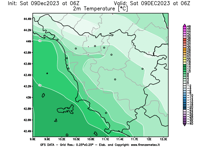 GFS analysi map - Temperature at 2 m above ground in Tuscany
									on December 9, 2023 H06