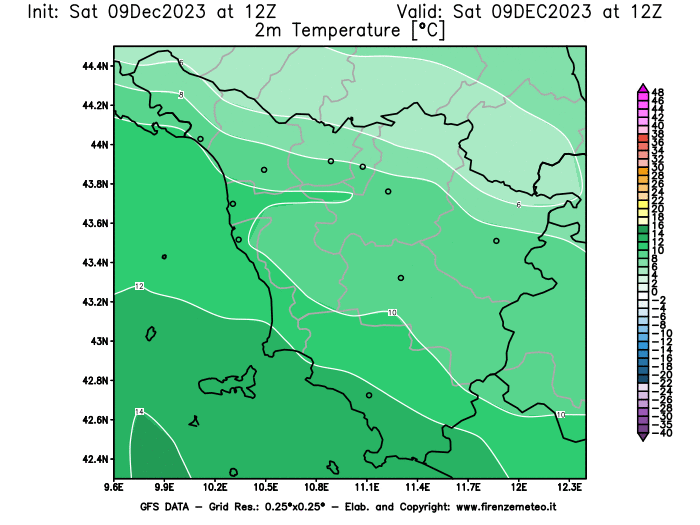 GFS analysi map - Temperature at 2 m above ground in Tuscany
									on December 9, 2023 H12