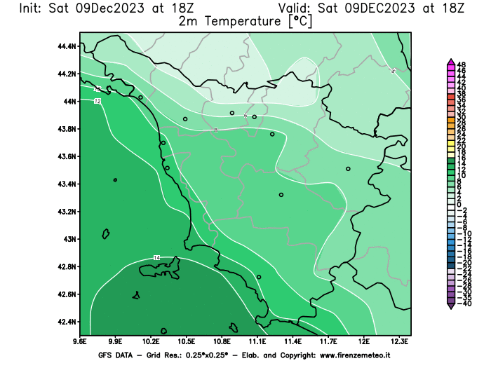 GFS analysi map - Temperature at 2 m above ground in Tuscany
									on December 9, 2023 H18
