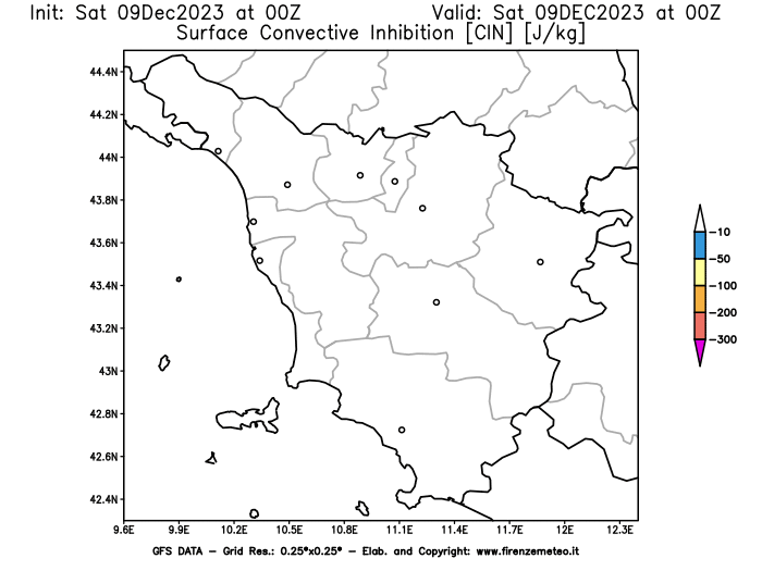 GFS analysi map - CIN in Tuscany
									on December 9, 2023 H00