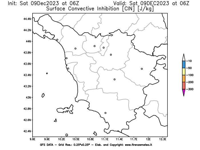 GFS analysi map - CIN in Tuscany
									on December 9, 2023 H06