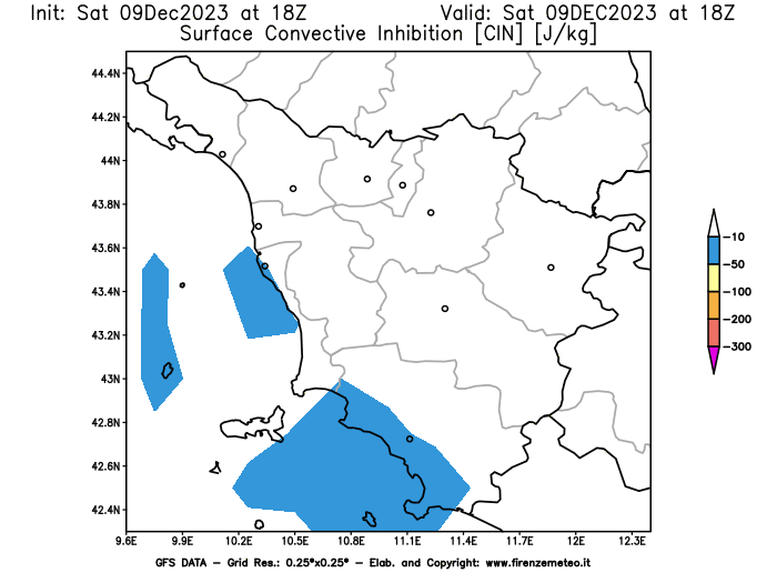 GFS analysi map - CIN in Tuscany
									on December 9, 2023 H18