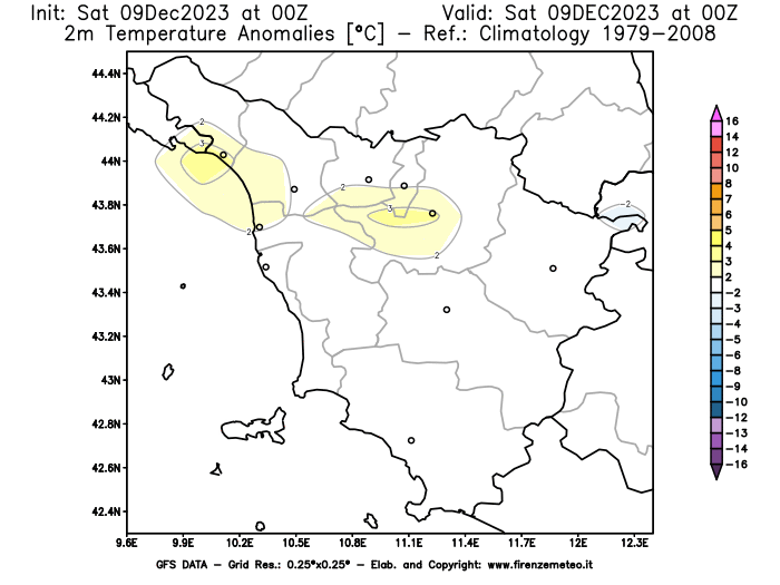 GFS analysi map - Temperature Anomalies at 2 m in Tuscany
									on December 9, 2023 H00
