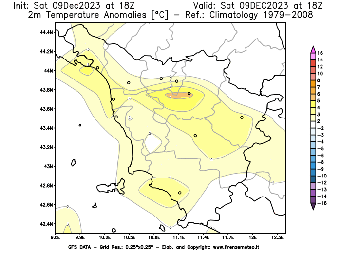 GFS analysi map - Temperature Anomalies at 2 m in Tuscany
									on December 9, 2023 H18