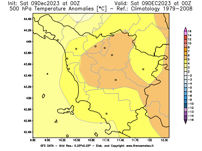GFS analysi map - Temperature Anomalies at 500 hPa in Tuscany
									on December 9, 2023 H00