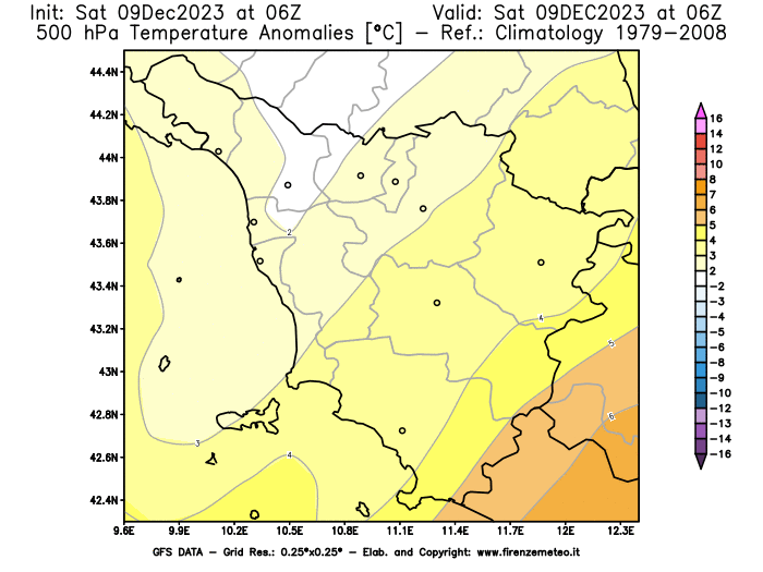 GFS analysi map - Temperature Anomalies at 500 hPa in Tuscany
									on December 9, 2023 H06