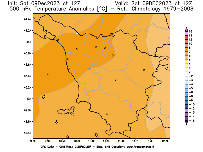 GFS analysi map - Temperature Anomalies at 500 hPa in Tuscany
									on December 9, 2023 H12