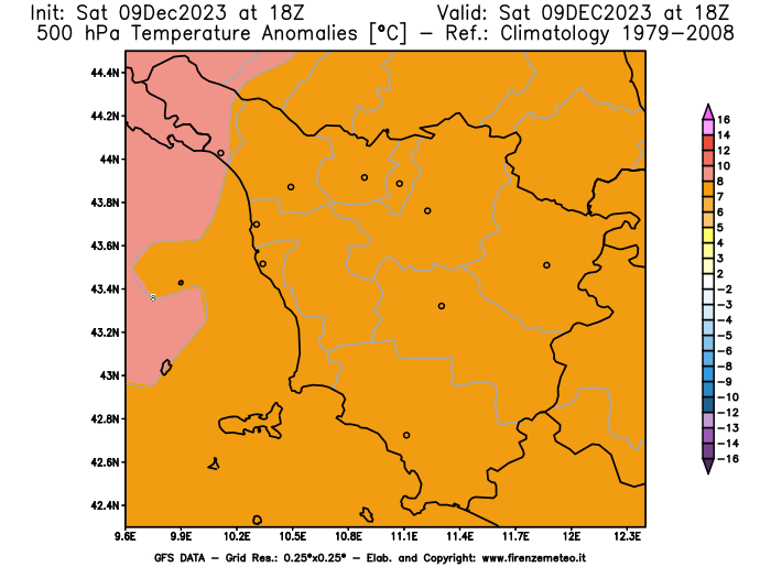 GFS analysi map - Temperature Anomalies at 500 hPa in Tuscany
									on December 9, 2023 H18
