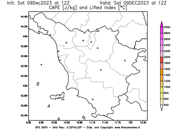 GFS analysi map - CAPE and Lifted Index in Tuscany
									on December 9, 2023 H12