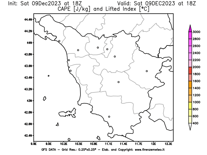 GFS analysi map - CAPE and Lifted Index in Tuscany
									on December 9, 2023 H18