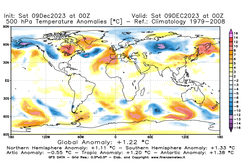 GFS analysi map - Temperature Anomalies at 500 hPa in World
									on December 9, 2023 H00