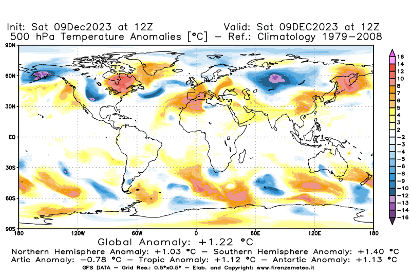 GFS analysi map - Temperature Anomalies at 500 hPa in World
									on December 9, 2023 H12