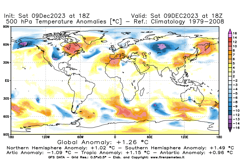 GFS analysi map - Temperature Anomalies at 500 hPa in World
									on December 9, 2023 H18