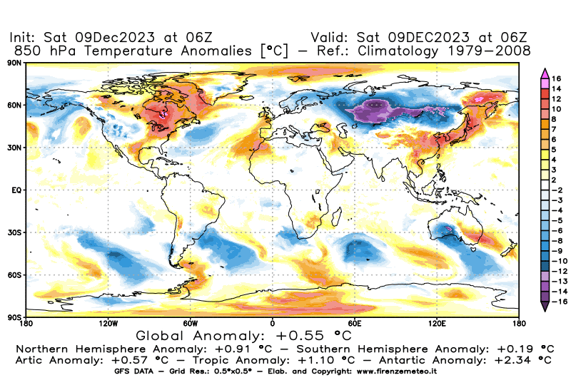 GFS analysi map - Temperature Anomalies at 850 hPa in World
									on December 9, 2023 H06