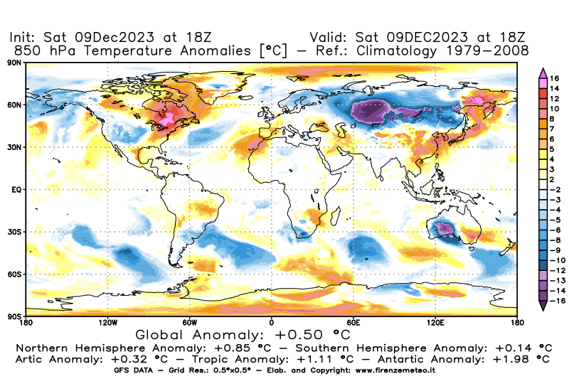 GFS analysi map - Temperature Anomalies at 850 hPa in World
									on December 9, 2023 H18