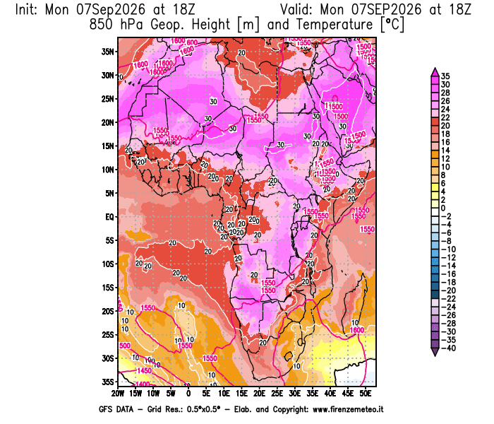 GFS analysi map - Geopotential and Temperature at 850 hPa in Africa
on September 7, 2026 H18