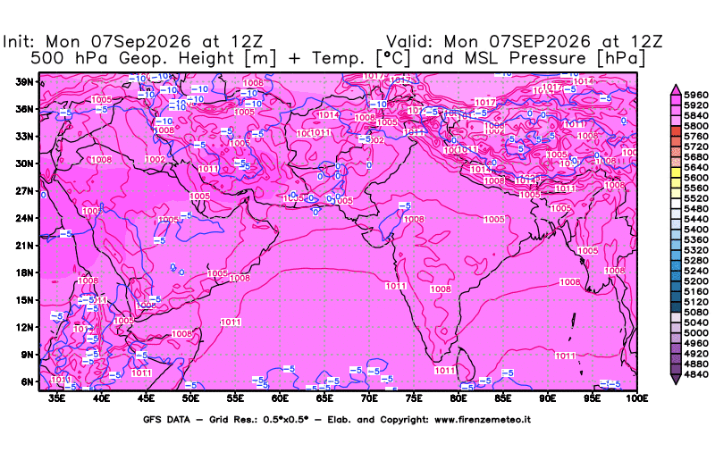 GFS analysi map - Geopotential + Temp. at 500 hPa + Sea Level Pressure in South West Asia
on September 7, 2026 H12